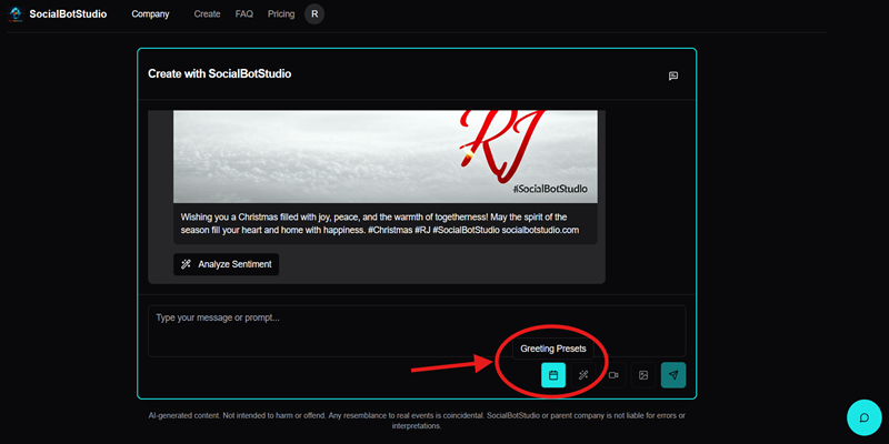 Chat interface with an arrow pointing to the calendar icon for presets.